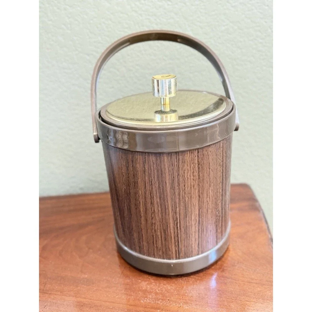 Vtg Kromex ICE BUCKET Gold Plastic  Faux Wood Barware Bar Mid Century Modern MCM